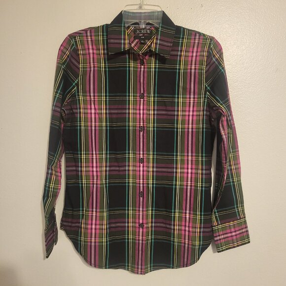 J Crew Womens Cotton Blouse Top Slim size 0 Pink Stewart Tartan Plaid Holiday - Picture 1 of 7